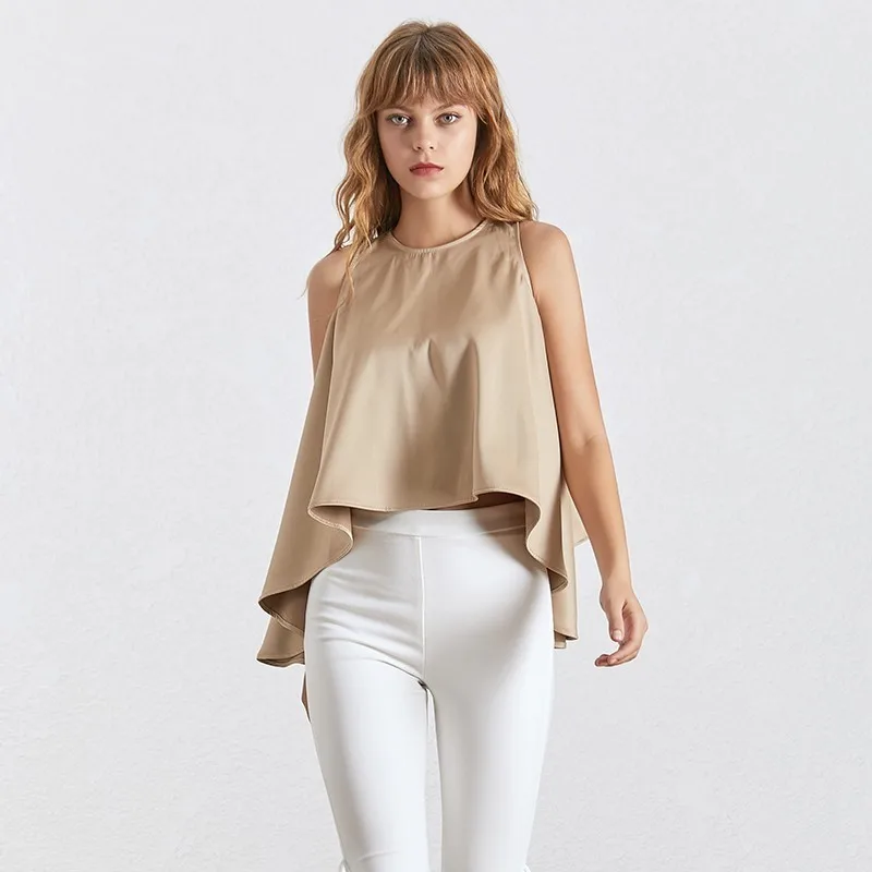 khaki TWOTWINSTYLE летняя однотонная женская блузка без рукавов с бретельками на шее, с открытыми плечами, неровная рубашка большого размера, Женская мода, элегантная - Цвет: khaki