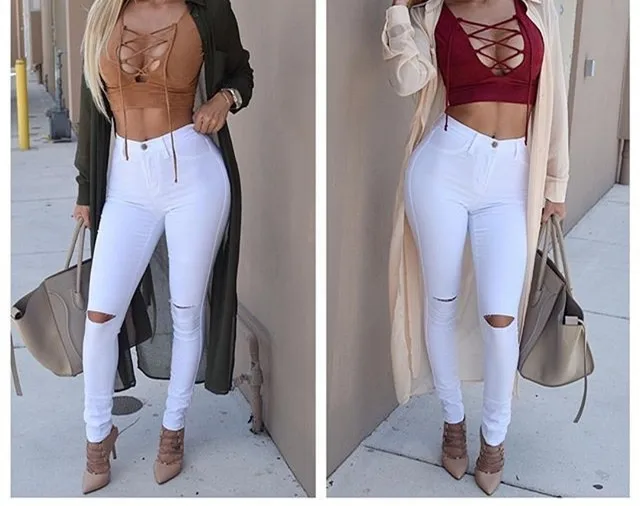 Женские рваные джинсы с высокой талией облегающие джинсовые длинные штаны