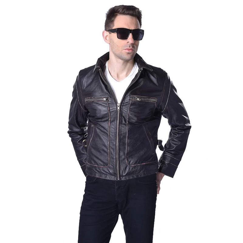 Мужская кожаная куртка винтажная коричневая мотоциклетная бомбер из 100%