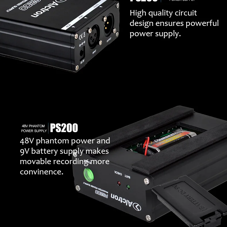 Alctron PS200 48V фантомный источник питания для конденсаторного микрофона, как от 9V батареи, так и от 9V адаптера