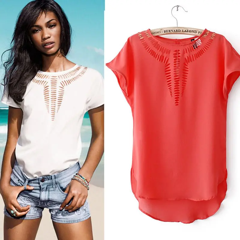 Женская шифоновая блузка с коротким рукавом и круглым вырезом|blouse tops shirt|designer shirt