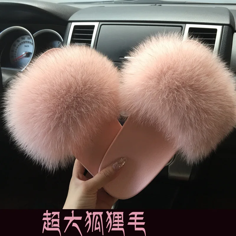

Women's Slippers Real Fox Fur Slipper Summer Beach Slides Beach Sandals Flip Flop Slides Flats Female Outdoor Shoes Fluffy Fox