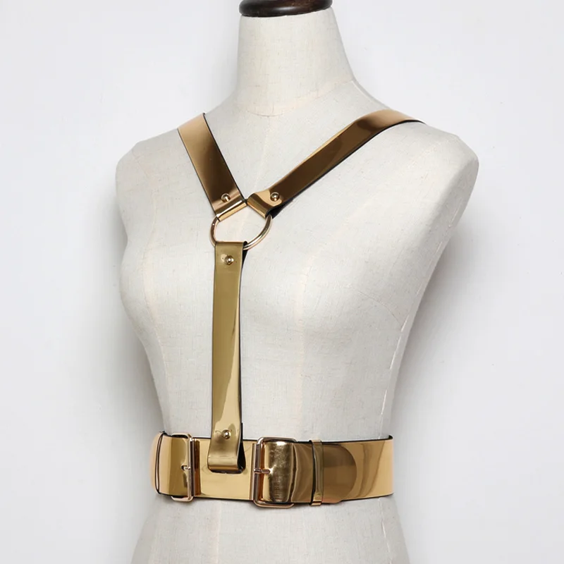 New Women Faux Leather Belts Pin Up Retro gold color Wide Waist Belt For Women Punk metal ring Leather Harness Suspenders Belt
