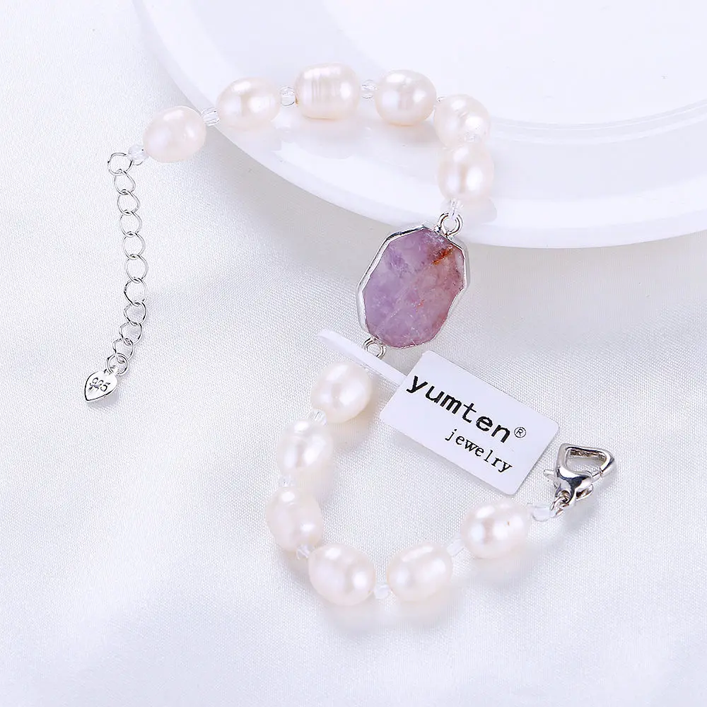 Yumten White Pearl Bracelet Strand Infinity Womens Bangle Jewelry Natural Stone Amethyst Chain Link Silver Accessories | Украшения и