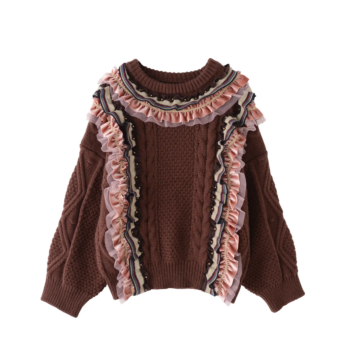 2018 Autumn Winter Women Fashion Sweaters O-neck Pullovers Ruffles Beading Thick Sweater Oversized Runaway | Женская одежда