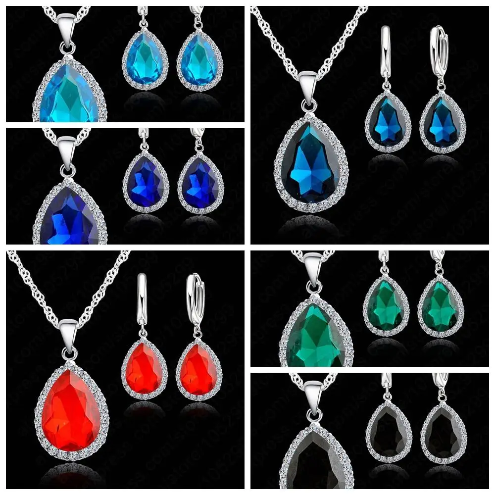 Ожерелье и серьги кольца из серебра 925 пробы с кристаллами|jewelry set 925|set sterling silverwedding