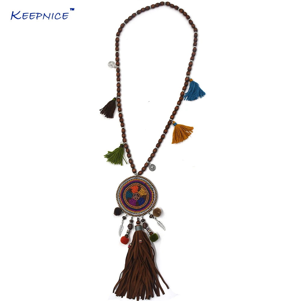 

Handmade Leather Tassel Pendents Necklce Wooden Beaded Chain Bohemia Boho Chic Long Fringe Pompoms Dream Catcher Necklaces