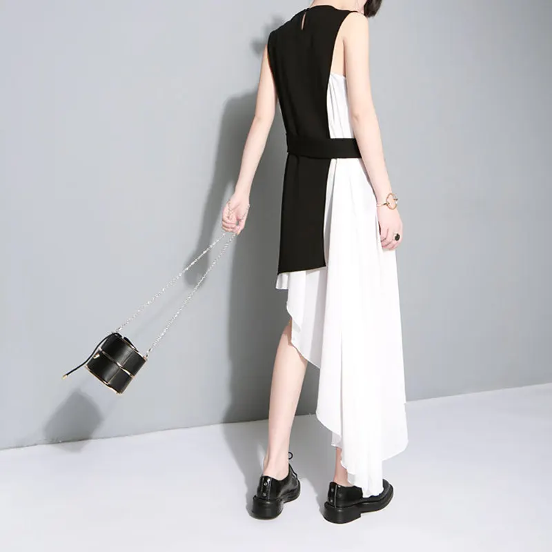 Original 2019 Summer Dress Women clothing fahion Chiffon white With Black Slim Sleeveless Asymmetrical Vestidos Women's Dresses | Женская