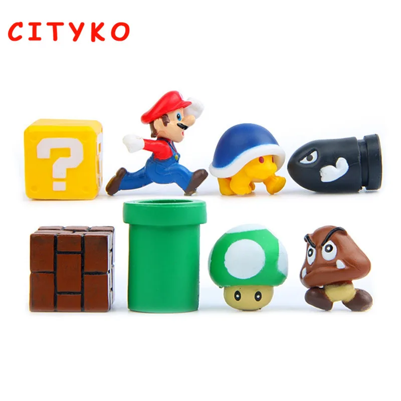 8 шт./лот мини Super Mario Bros Рисунок Марио пуля Гриб черепаха стены и ПВХ фигурку