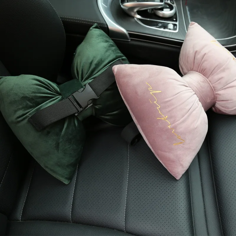 

Summer Soft Velvet Bow Car Headrest Neck Pillow Plush Sofa Throw Pillow Cushion Office Waist Pillow Detachable Washable Pillows