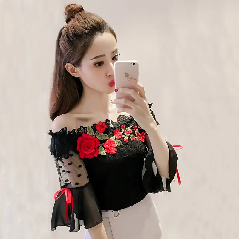 2018 Women Summer Blouse Sweet Bow Floral Embroidery Lace Shirt Lady Short Sleeve Slash Neck Mesh Blouses Blusas Short Tops A837