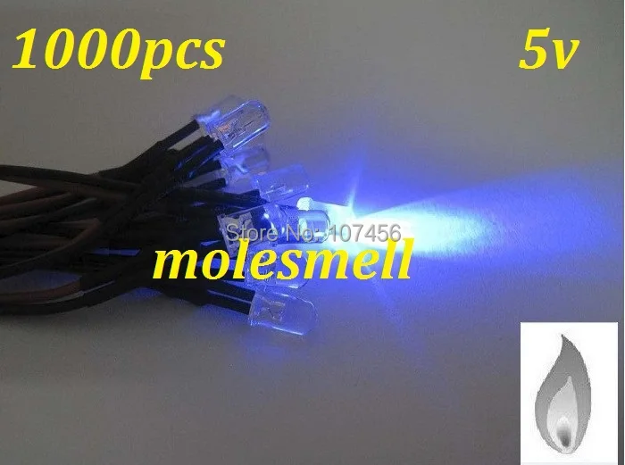 Free shipping 1000pcs 5mm Blue Flicker 5V Pre-Wired Water Clear LED Leds Candle Light 20CM 5mm candle blue led 5v DC