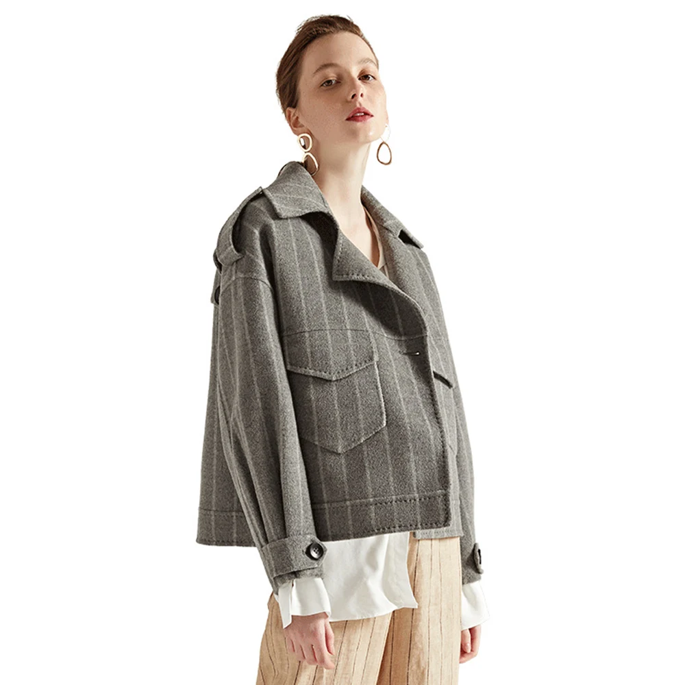 Короткое пальто для женщин серый полосатый 2018 осень модные укороченные s будущих