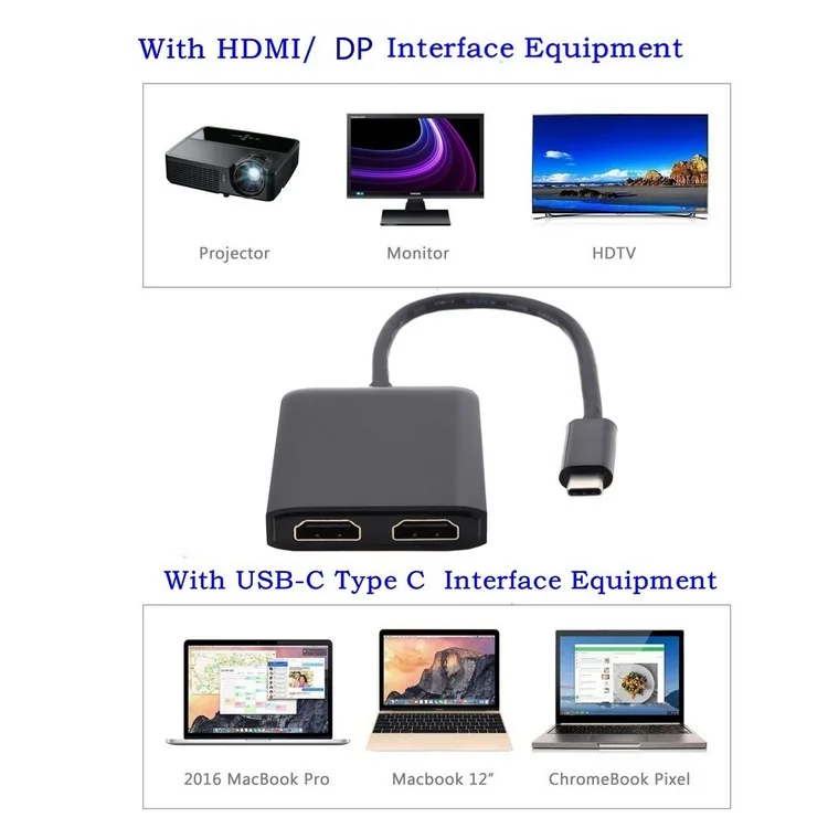USB-C USB 3.1 Type C to Dual HDMI 4K 30HZ Adapter for Laptop &amp Macbook Monitor HDTV |
