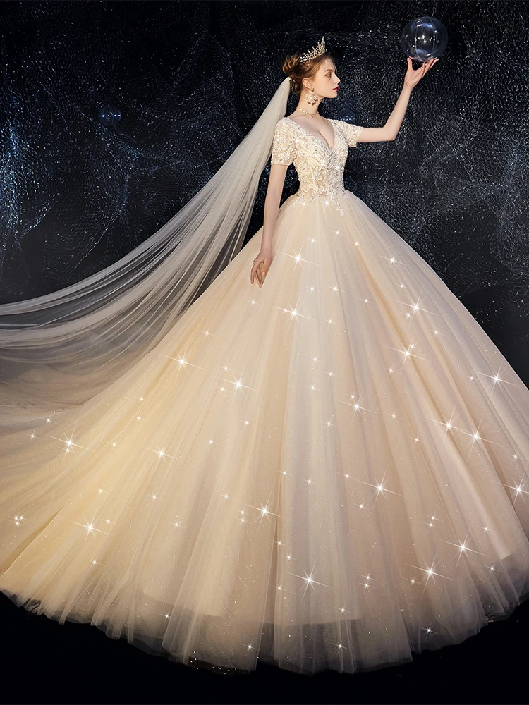 Женское блестящее платье Vivian's Bridal кружевное с коротким рукавом и треугольным