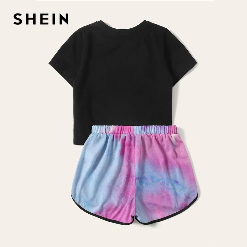SHEIN Kiddie черная футболка с буквенным принтом и шорты с завязками на талии комплекты для девочек г. Летняя детская одежда с короткими рукавами