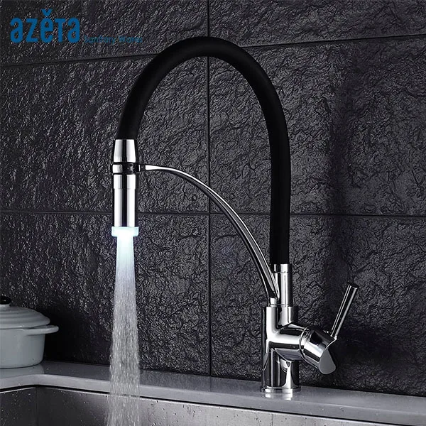 

Azeta LED Match Black Rubber Design Kitchen Taps Chrome Brass Single Hole Deck Mounted Pull Down Kitchen Sink Faucet AT2388LD