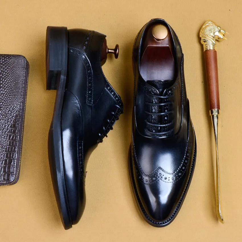 

New Arrival Genuine Leather Formal Dress Wingtip Brogue Shoes Italian Designer Pointed Toe Handmade Men's Wedding Oxfords AS105