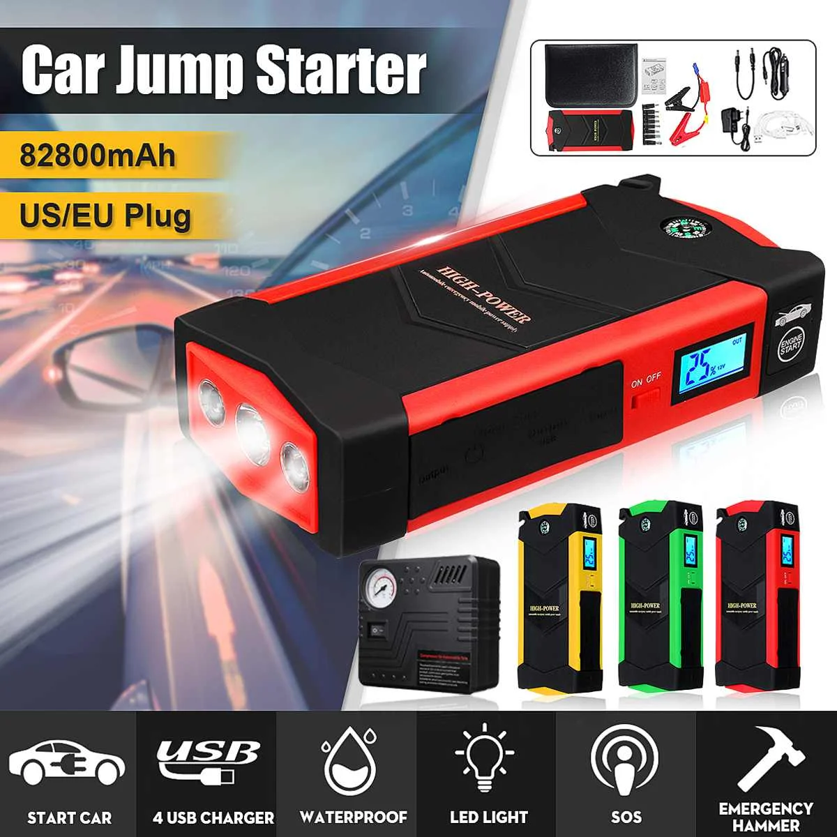 Портативный 82800mAh 4USB 12V 600A светодиодный стартер для автомобиля аварийное зарядное устройство аккумулятор внешний аккумулятор автомобильный усилитель пусковое устройство