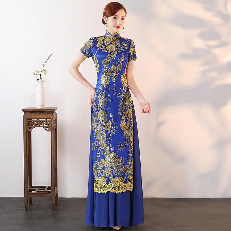 AO Dai длинное платье Чонсам в винтажном китайском стиле вечернее платье восточные женские элегантные вечерние платья Qipao Vestido размера плюс S-5XL - Цвет: Синий