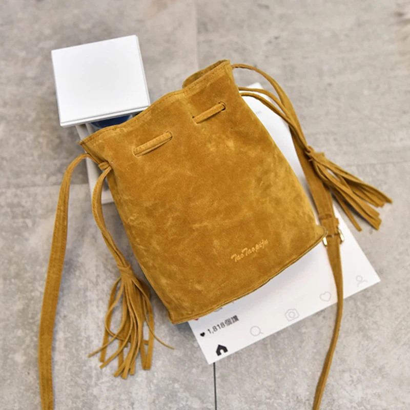 2017 Повседневное строка кисточкой замши ведро Сумки женские мягкие кожаные плеча