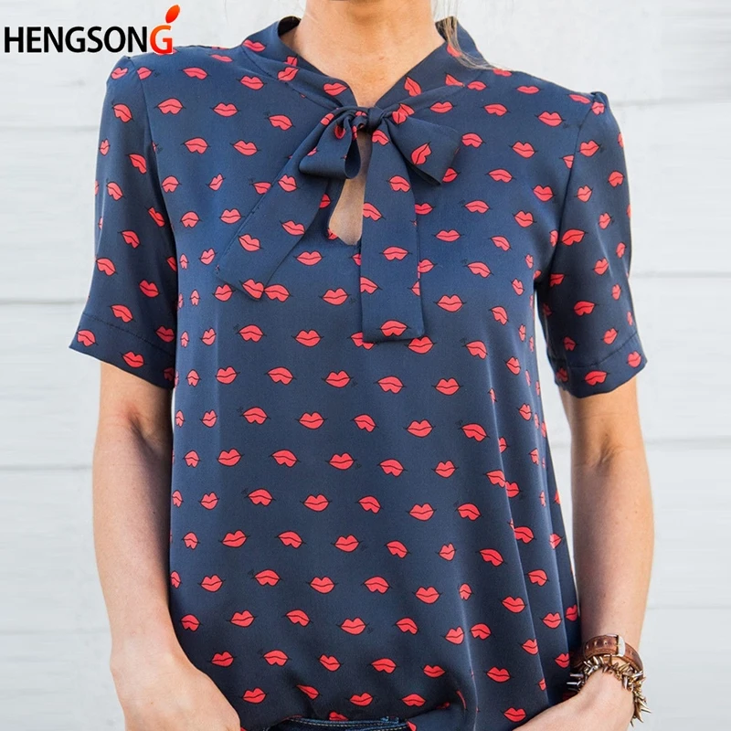 HENGSONG шифоновая блузка модная с принтом красных губ рубашка для женщин
