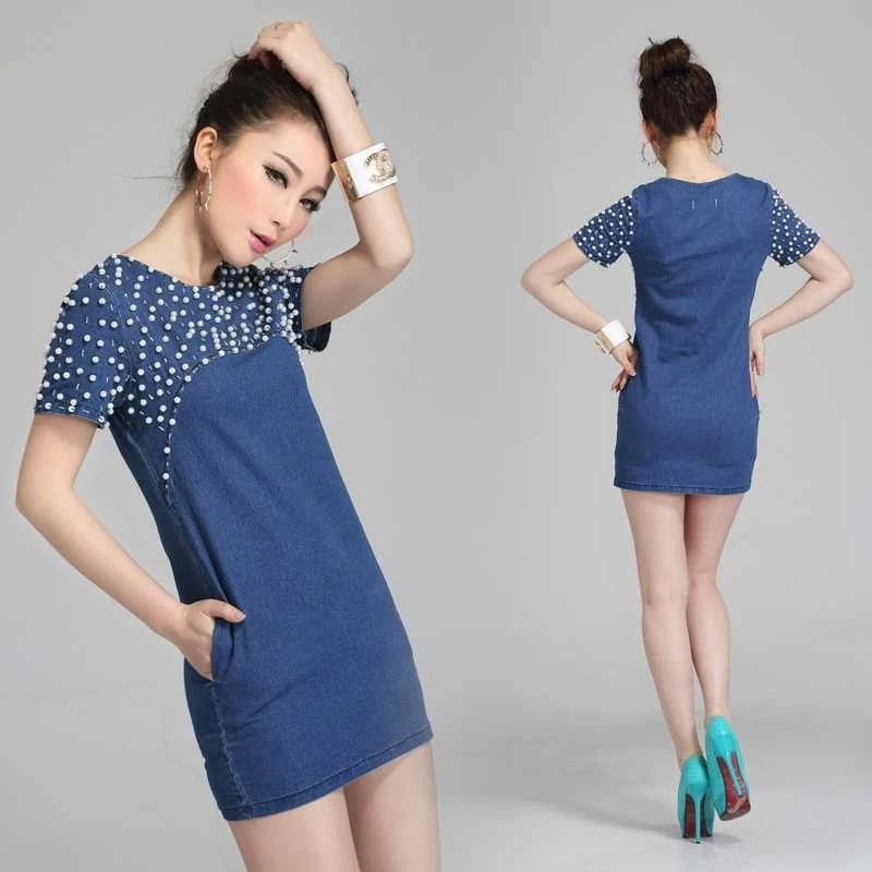 2014 summer high quality handmade beading denim slim women dress|beaded trim for dresses|dress it up beadsdresses japan |