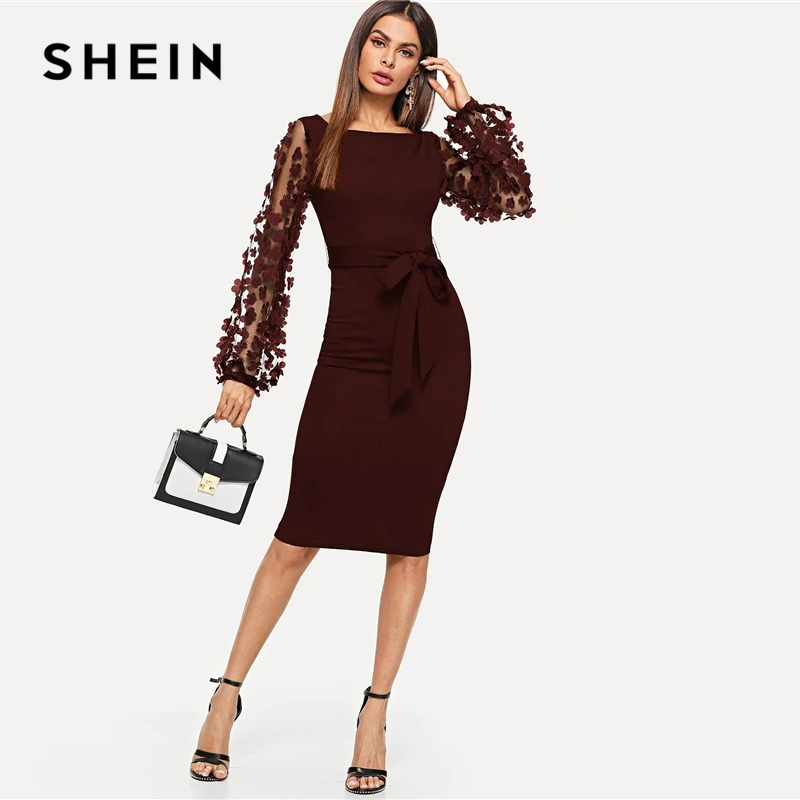 SHEIN Облегающее Платье С Оригинальным Рукавом, Платье С Цветочной Аппликацией, Однотонное Миди Платье