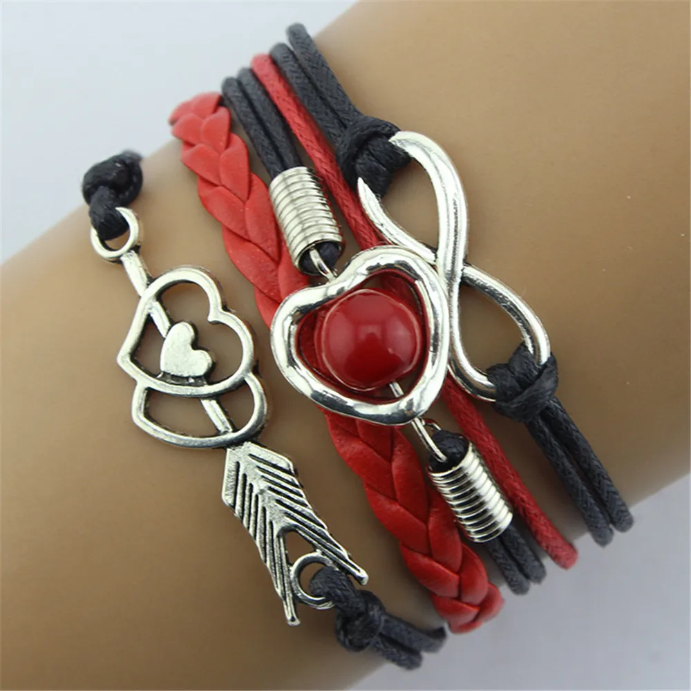 Vintage Cupid's Arrow Heart Pearl Charm Bracelets Bangle Woman Men Fashion Female Handmade Multilayer Leather Wristband Bracelet |