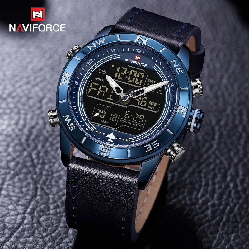NAVIFORCE 9144 Модные мужские синие кожаные спортивные часы s светодиодный аналоговые