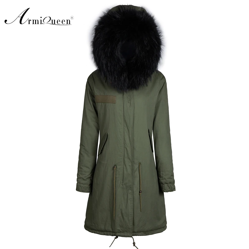 Длинная парка черного цвета с мехом енота в Корейском стиле пальто воротником