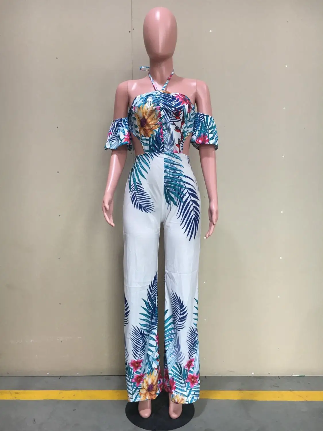 2019 New women summer floral pint off shoulder tie up open back short sleeve bohemian jumpsuit beach romper playsuit Y5085 |