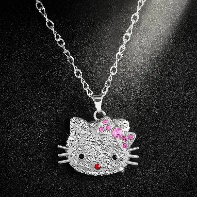 silver Милые ювелирные изделия hello kitty, серебряная цепочка, ожерелье с длинной хрустальной кошкой из горного хрусталя, длинное ожерелье для женщин, подарки nke-n18 - Окраска металла: silver