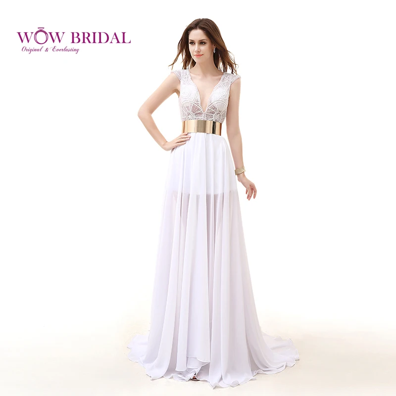 

Wowbridal Graceful White Prom Dress Sexy Deep V-Neck Sheer Pattern Organza Shirt Metallic Sash Chiffon Draped Ruched A-Line Gown