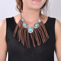 2018 bohemian fringe necklace women boho vintage silver neck suede long tassel chain resin real stone ethnic necklace wholesale