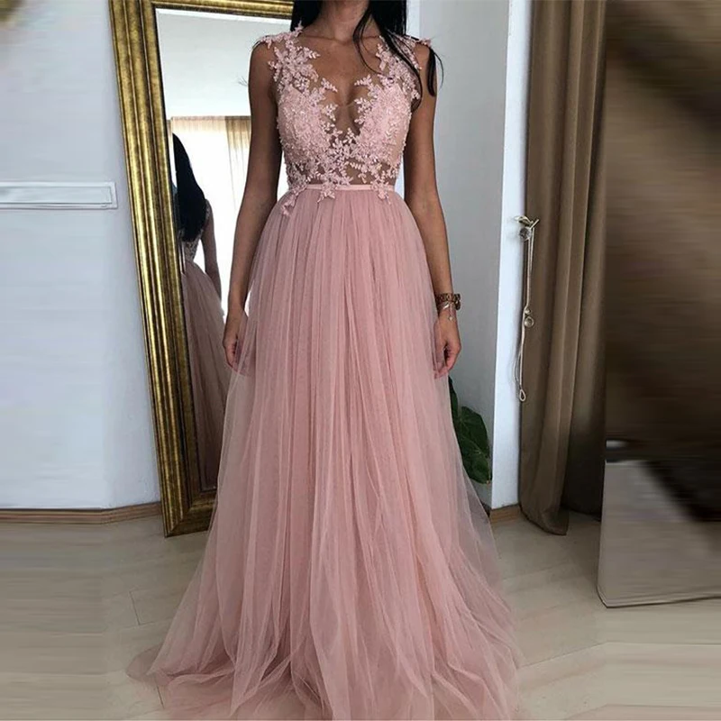 

2019 Elegant Pink Prom Dresses Lace Appliques V Neck Sleeveless Illusion Tulle Evening Party Gowns vestido fiesta largo