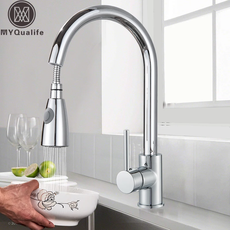 Хромированный выдвижной кухонный кран для раковины на бортике струйный