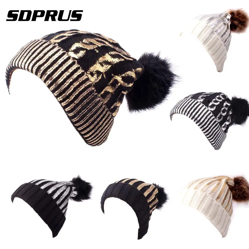 

New Pompom Hat for Women Adult Female Knitted Wool Multicolor Bronzing Warm Hat Fashion Girl Thick Cap New for Winter