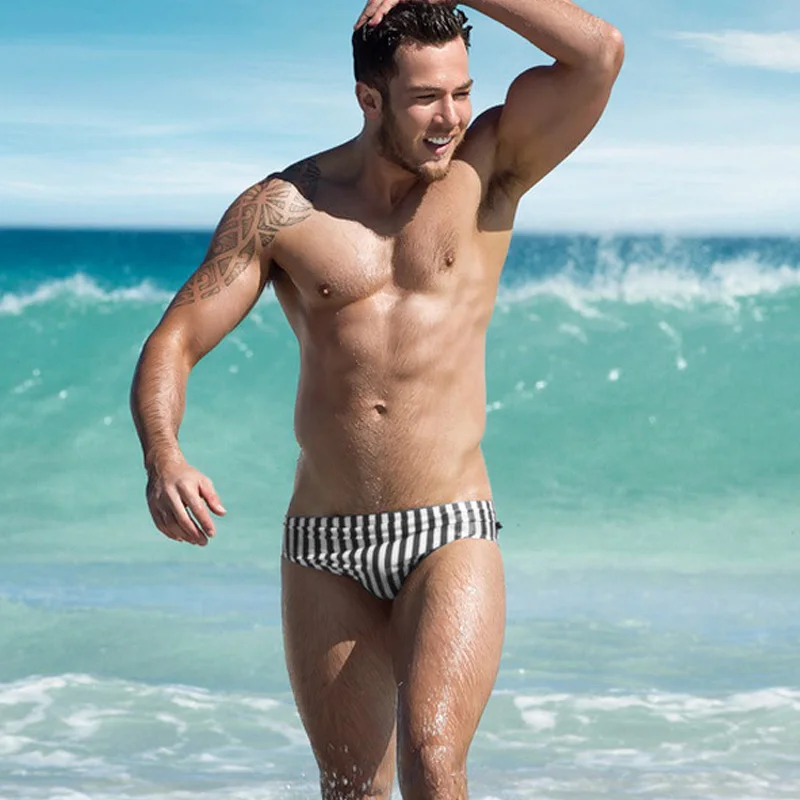 Мужской купальный костюм с принтом в полоску серые трусы бикини пикантные шорты