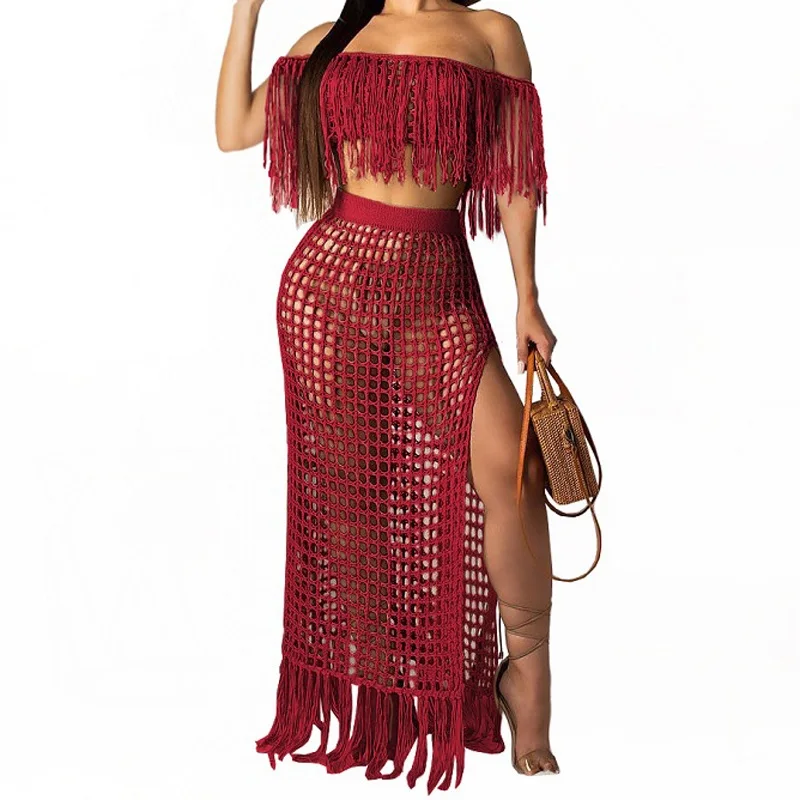 wine red Летние вязанные женские пляжные cover up пикантные женские туфли с кисточками топ+ длинная юбка бикини накидка на купальный костюм набор 2 шт./компл - Цвет: wine red