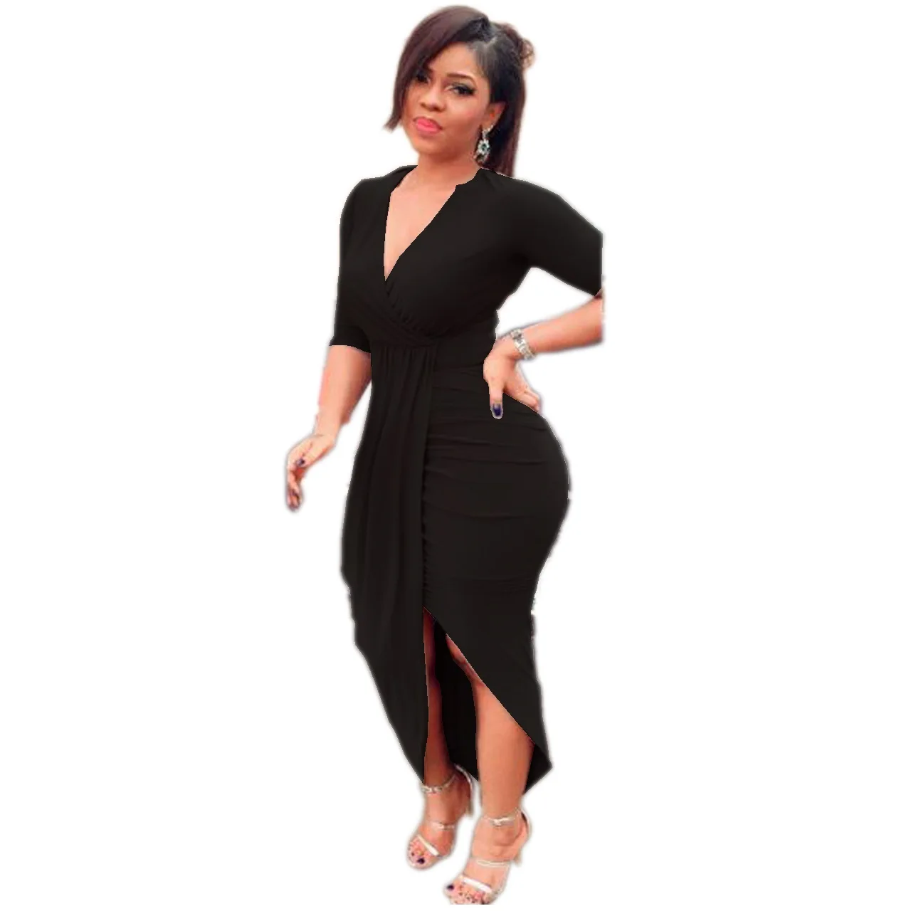 

Sexy V Neck Streched Bodycon Dress Plus Size S-2XL Big Women Maxi Dresses Long Sleeves Middle Slit Hot Club Party Dress M435