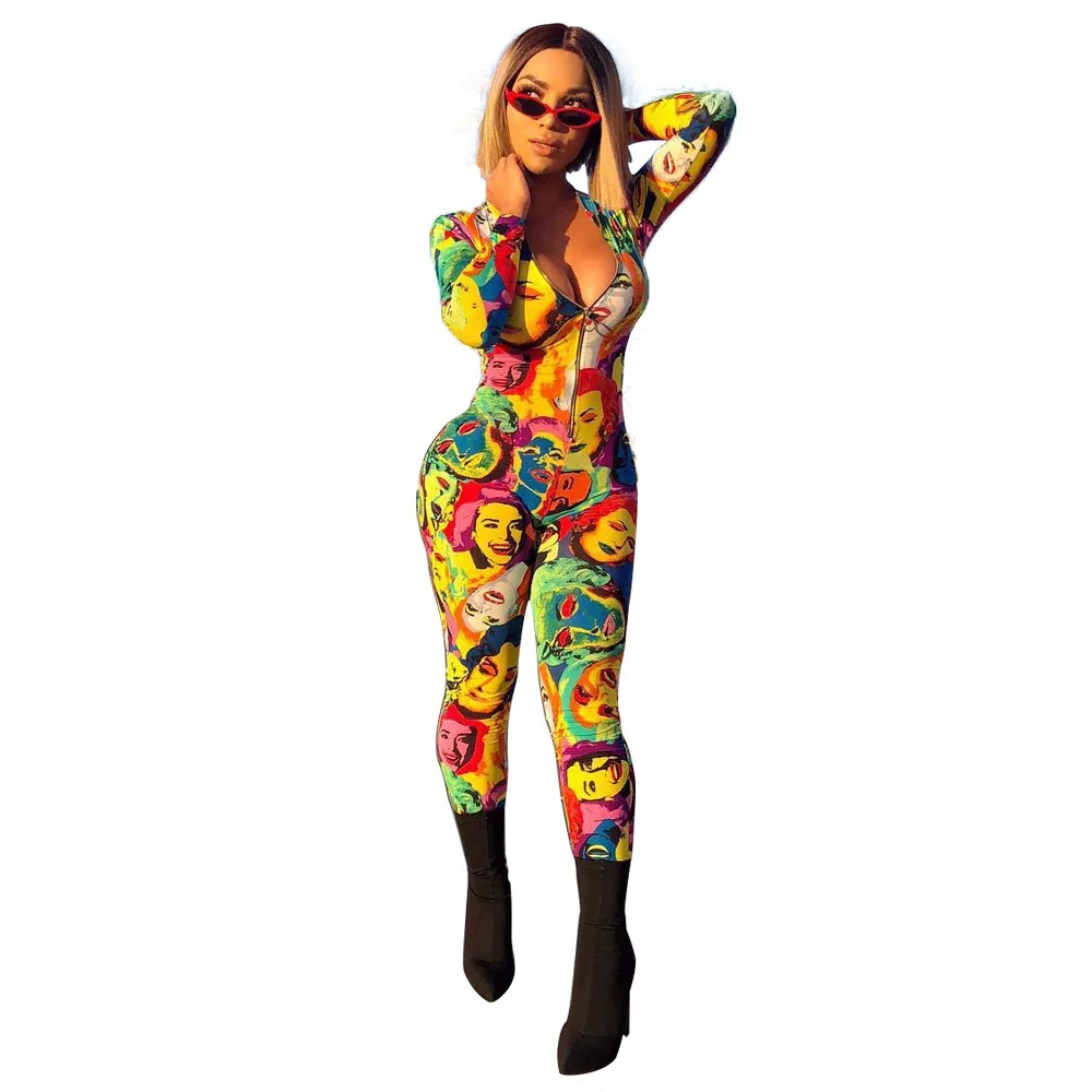 2019 г. летние женские Тощий bodycon характер печати на молнии Комбинезон пляжный