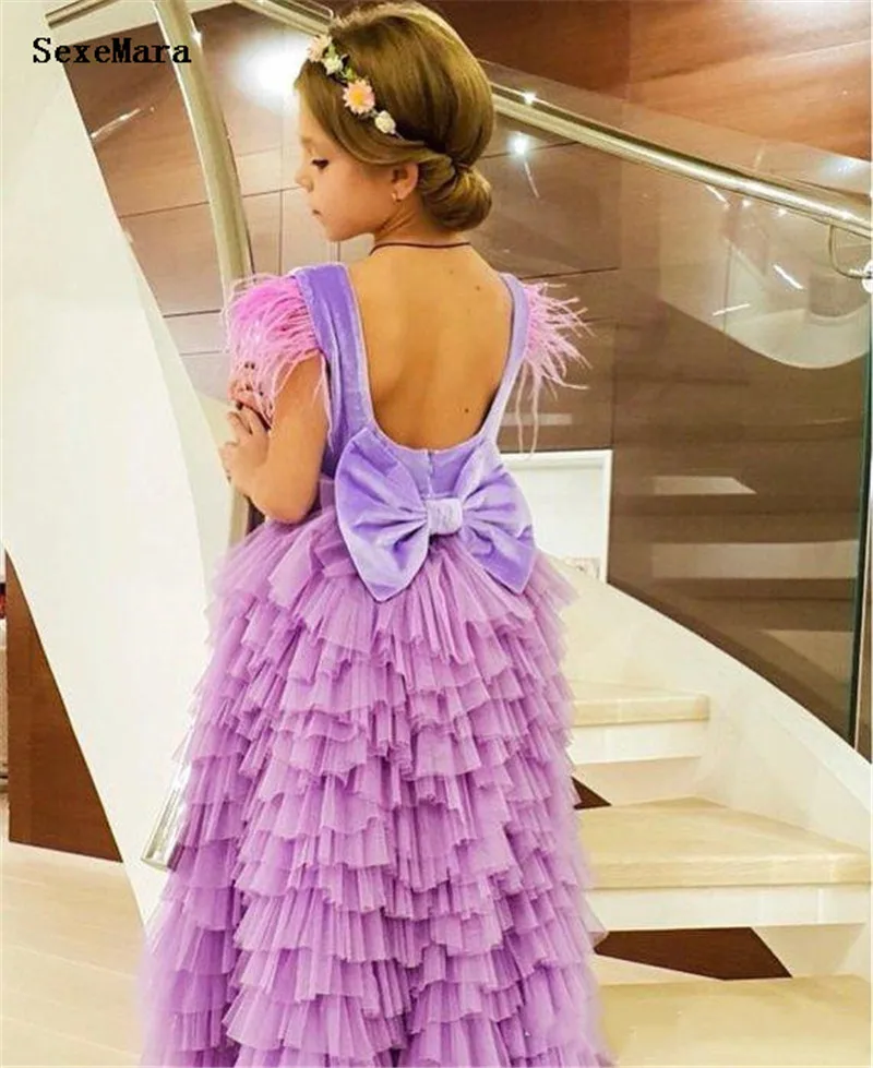 High Low Lavender Tulle Flower Girl Dress For Wedding with Bow Feathers Tiered Girls Pageant Gowns Vestidos | Детская одежда и