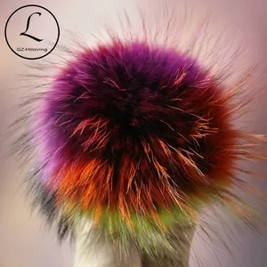 Пушистые Меховые помпоны из меха енота для вязаных шапок, 15-16 см, шапки, шарфы, помпоны из натурального меха с пуговицами