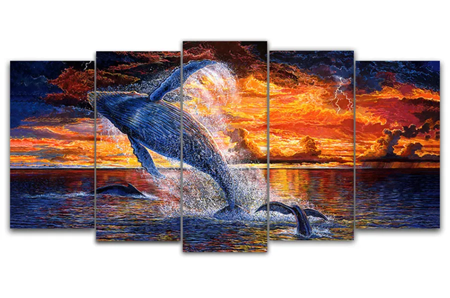 5PCS DIY Full Diamond Embroidery nature sunrise sea dolphin Painting Cross Stitch Mosaic Decoration Christmas|Алмазная мозаика и