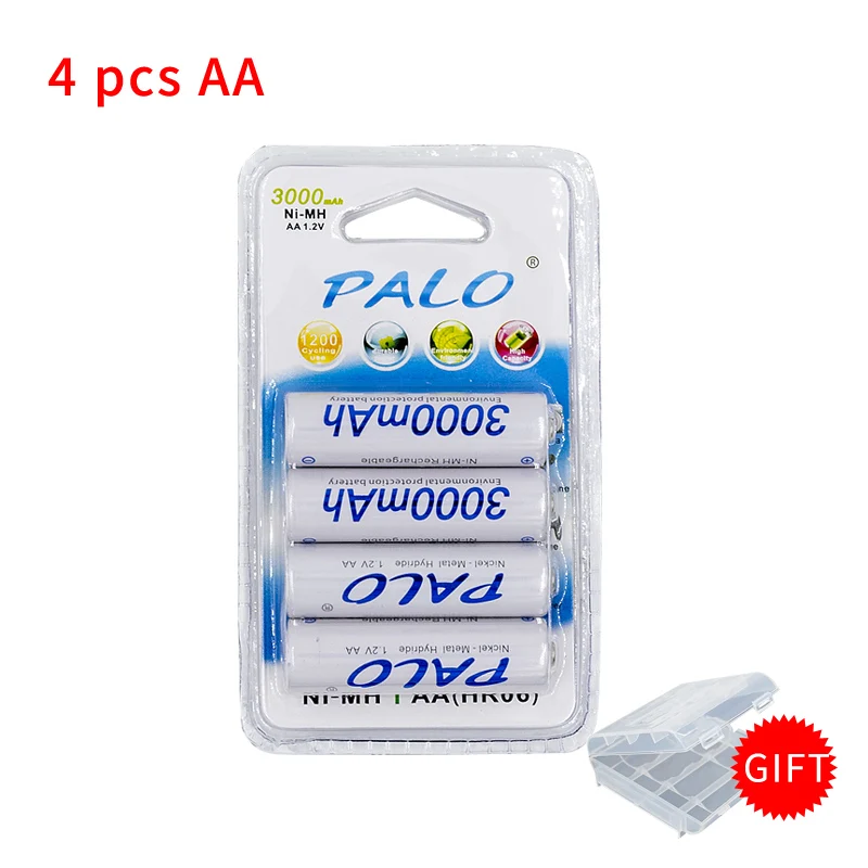 PALO 4 шт. AA 3000mAh перезаряжаемая батарея NI MH 1,2 V 2A аккумуляторная батарея для фонарика с 1 батареей чехол - Цвет: 4pcs