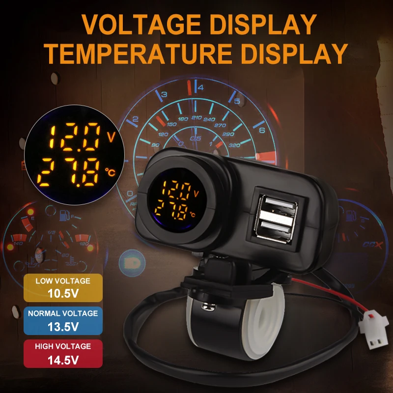 

Waterproof 5V 4.2A Motorcycle Dual USB Charger for Phones GPS 12V 24V Voltage Temperature Display Voltmeter with on/off switch