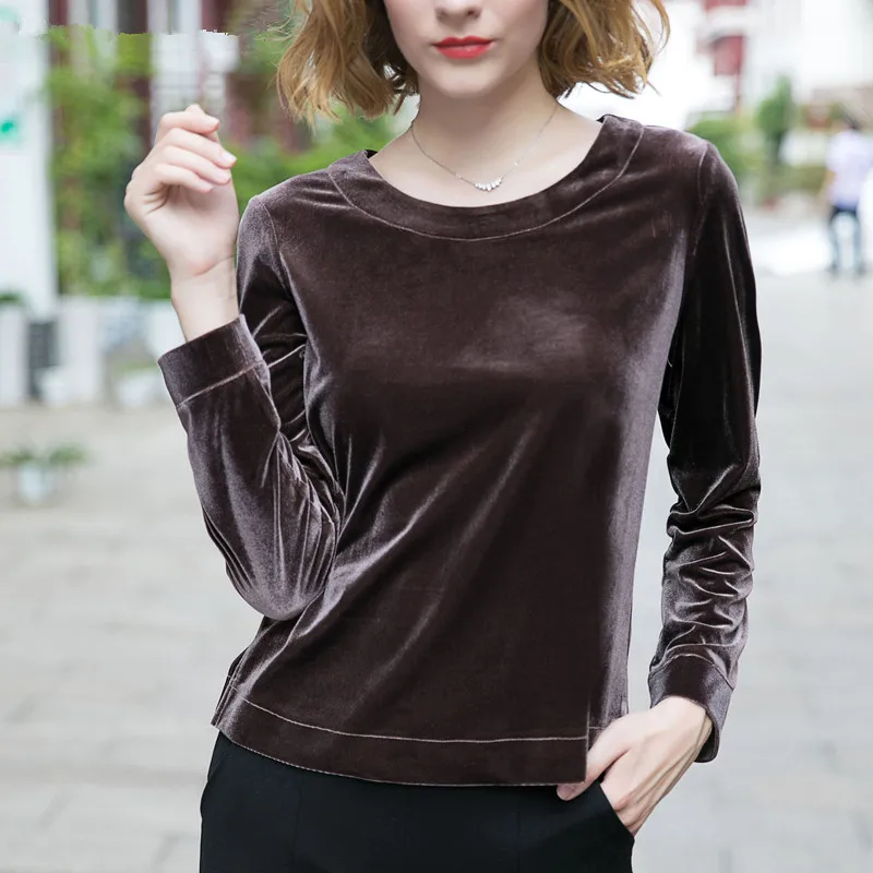 Elegant Solid Color Velvet O-neck Women Tops Long Sleeve Slim Casual Shirts Black Velour Blouse roupas femininas t-shirts | Женская