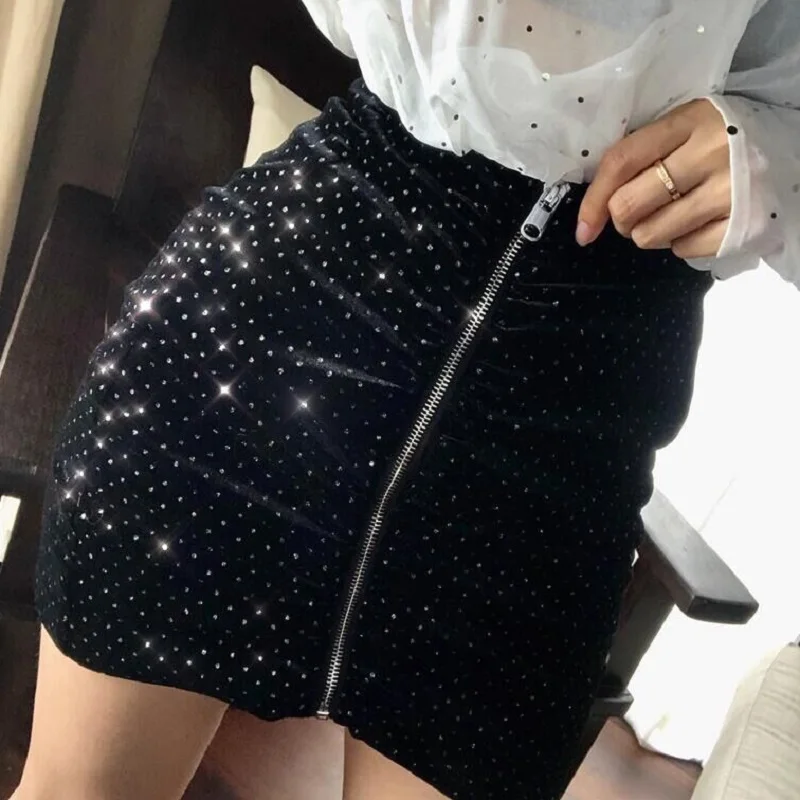 Harajuku пайетки на молнии черный Bodycon Карандаш Короткая юбка Высокая Талия мини