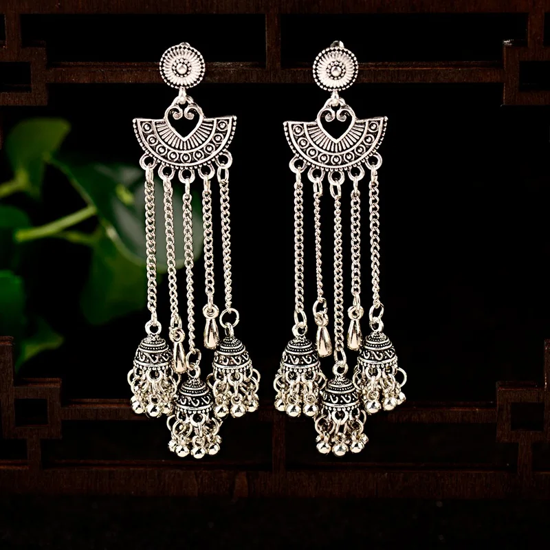 Египетские Винтажные серьги Jhumka, индийские турецкие ювелирные изделия, женские серебряные золотые длинные цепочки, колокольчики, Висячие сережки oorbellen